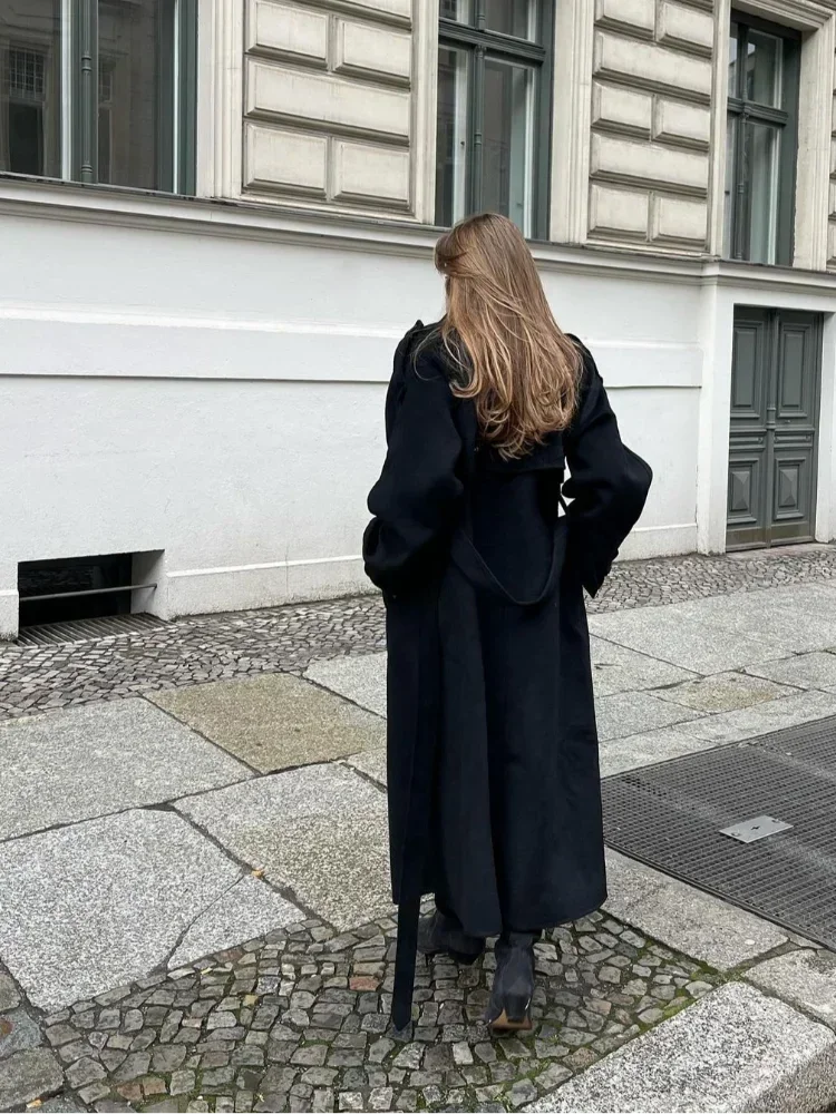 Fashion With Belt Black Woolen Long Coat For Women Oversize Loose Double Button Lapel Overcoat Autumn Lady High Street Outerwear 6