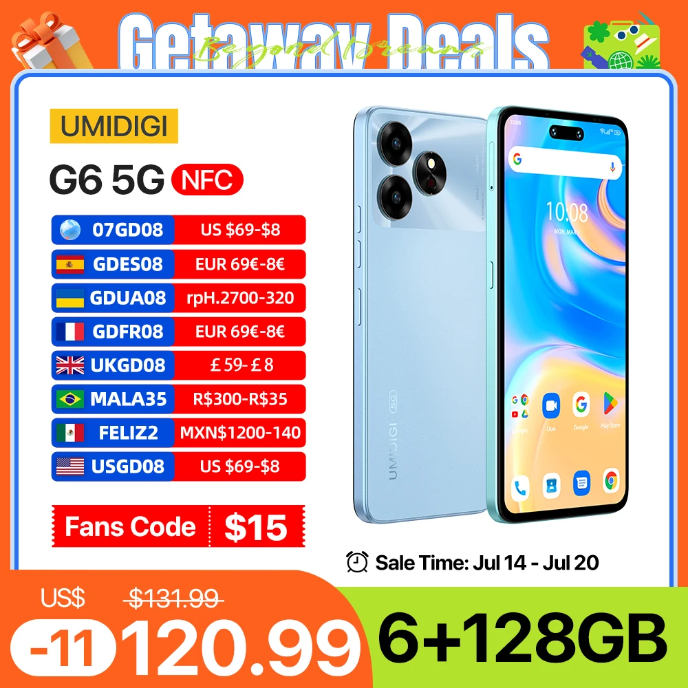 UMIDIGI G6 5G 핸드폰, 5G, 안드로이드 13, 디멘시티 6100 + 8 코어, 6.57 인치, 90Hz, 50MP 울트라 클리어 듀얼 카메라, 6GB, 128GB 