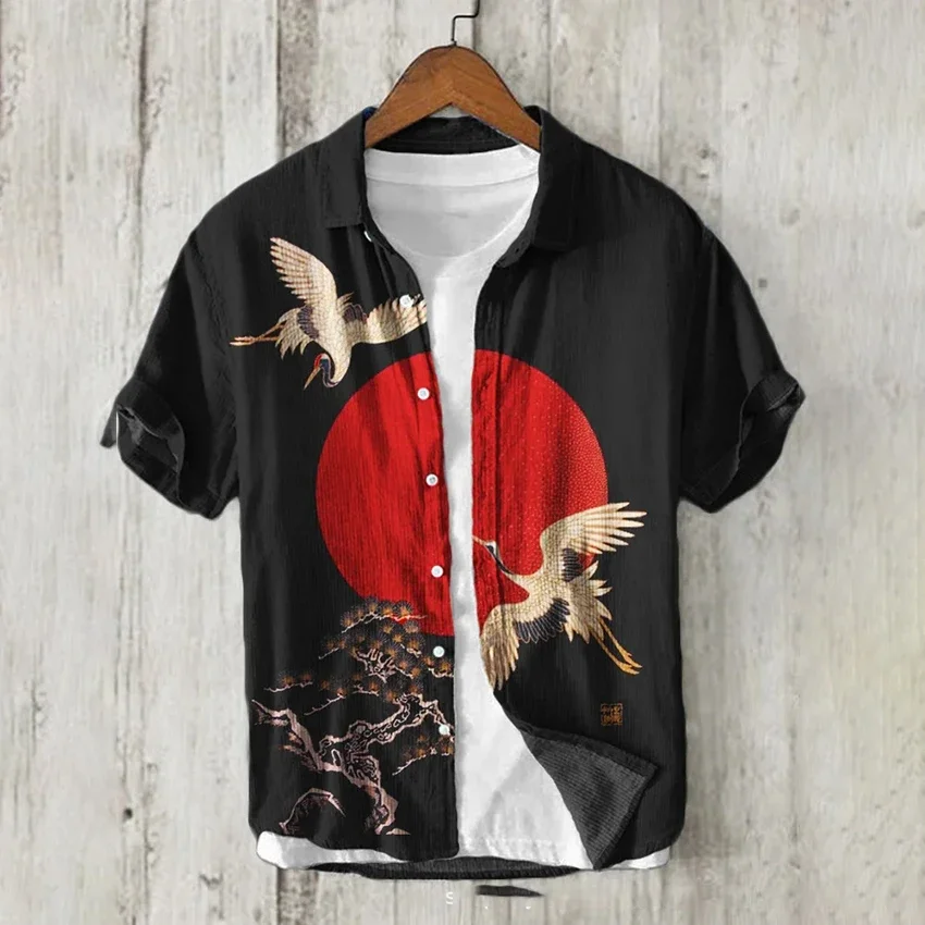 Men's Stand Collar Short Sleeve Shirt Bamboo Linen Fabric Crane Print Hawaiian Casual Loose Shirt