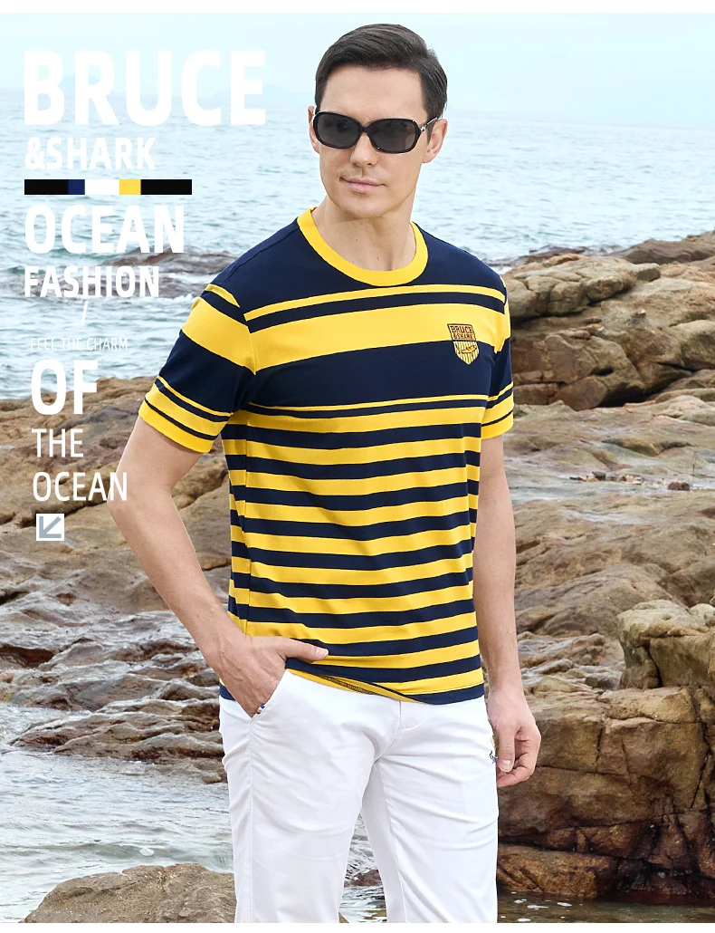 New Straight Men's Short T-shirt Round Neck Bruce&Shark Fashion Men's Stripe Tee Stretch Cotton Summer Breathable Tops Big Size 12 S6ce433fa7bfc41c4a99af4b1b209af8b8