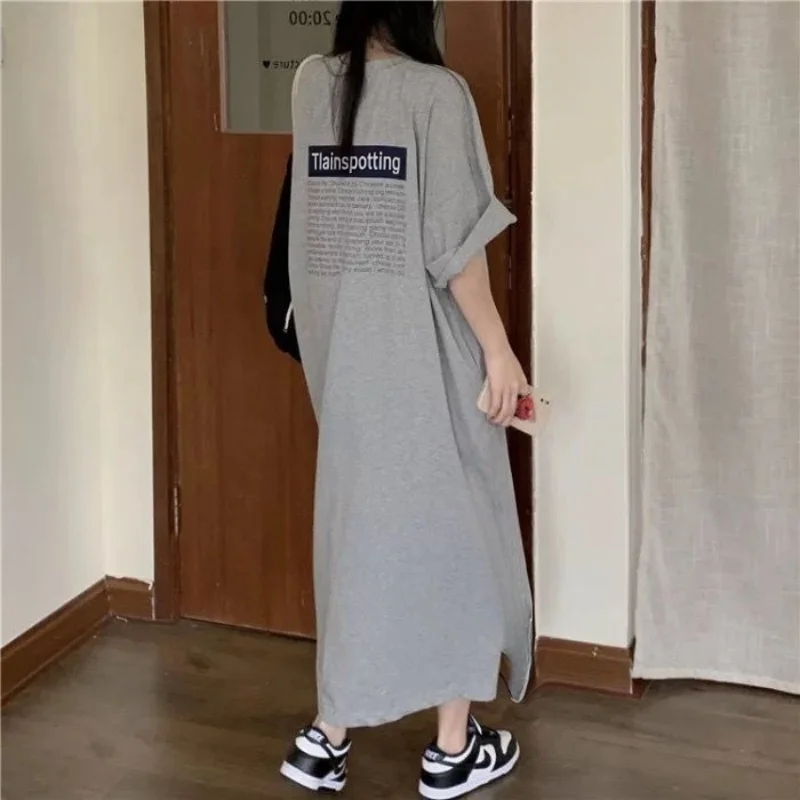 Plus Size Long T-Shirt Dress For Women Korean Chic Loose Pullover Casual Vintage Streetwear O-Neck Short Sleeve Straight Dress