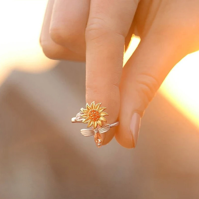 Opening Adjustable Spinning Sunflower Bee Release Stress Ring Rotatable Zircon Copper Finger Ring For Women Fashion Jewelry 2