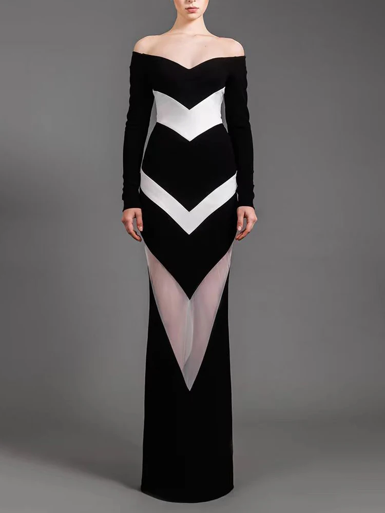 

New Women Elegant Luxury Off Shoulder Patchwork Mesh Contrasting Color Design Long Bodycon Bandages Dress Evening Cocktail Party