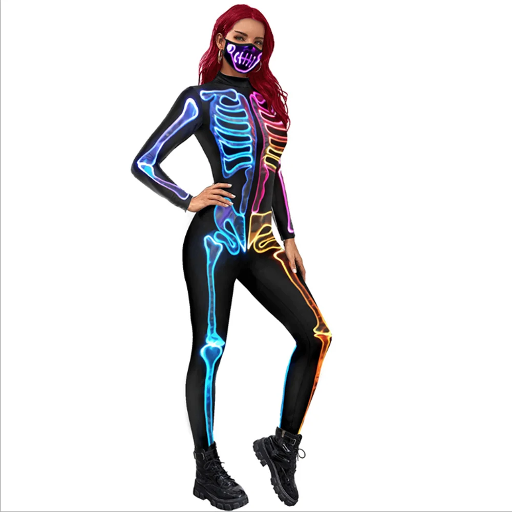 Adult Fluorescent Skeleton Print Halloween Cosplay Bodysuit for Women Ghost Jumpsuit Party Carnival Performance Scary Costume