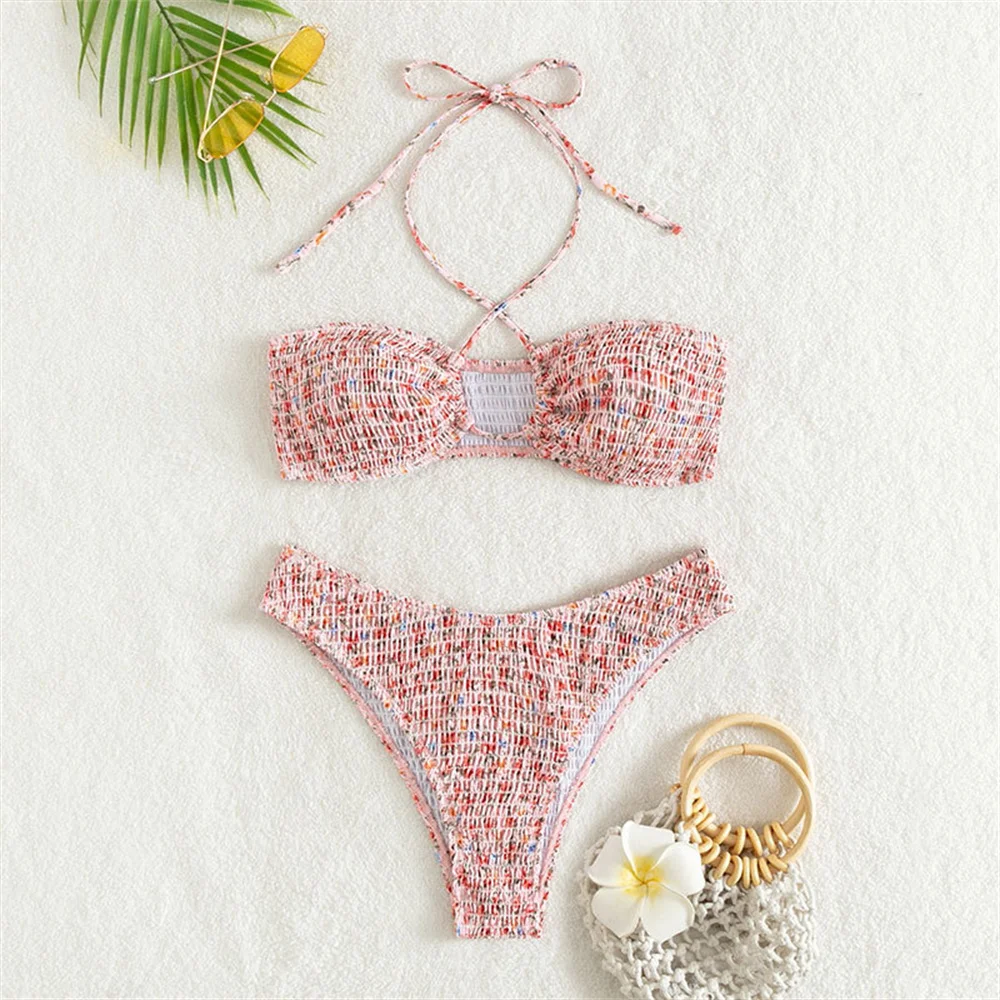 Pink Floral Bikini Y2K Bandeau Swimsuit Halter String Push Up Swimwear Backless Vacation Outfit Bathing Suit Women Beach Bikinis