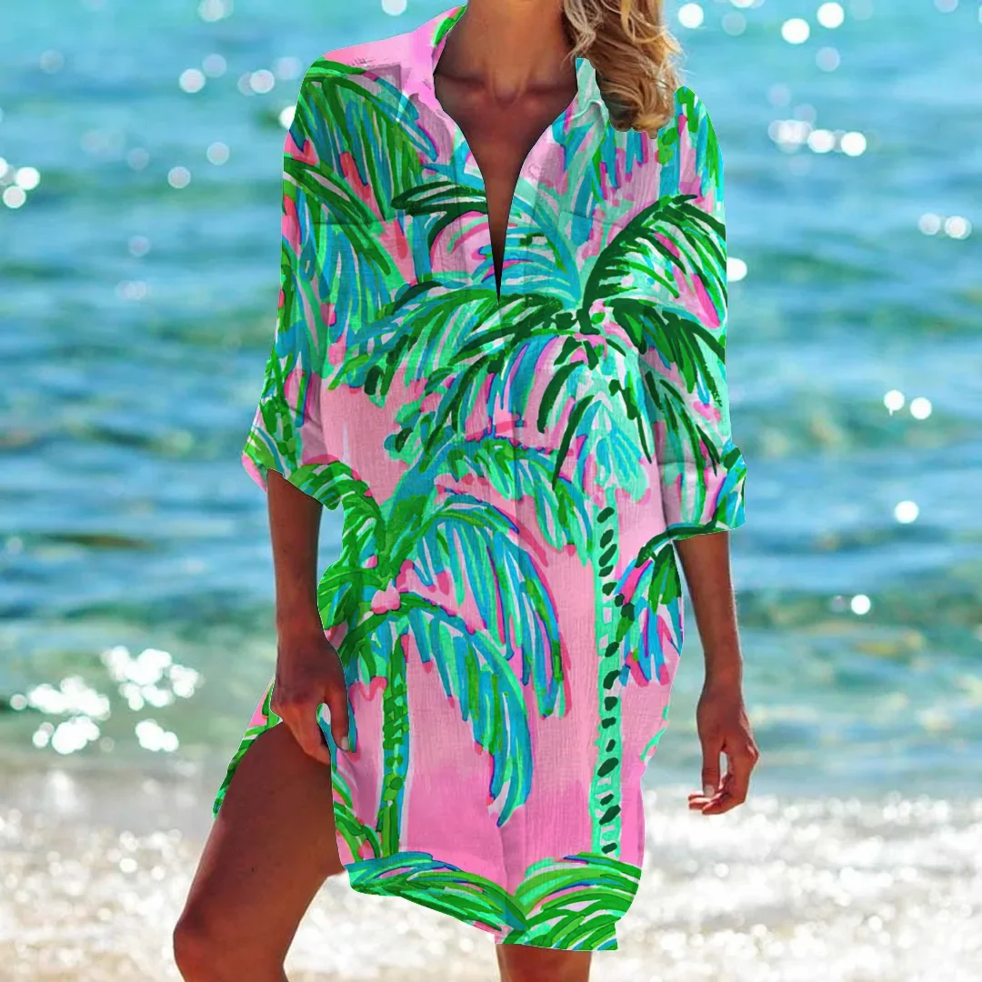 Muslim women top printed long top tunics cardigan half-sleeved loose beach wear swimwear ladies shirts button