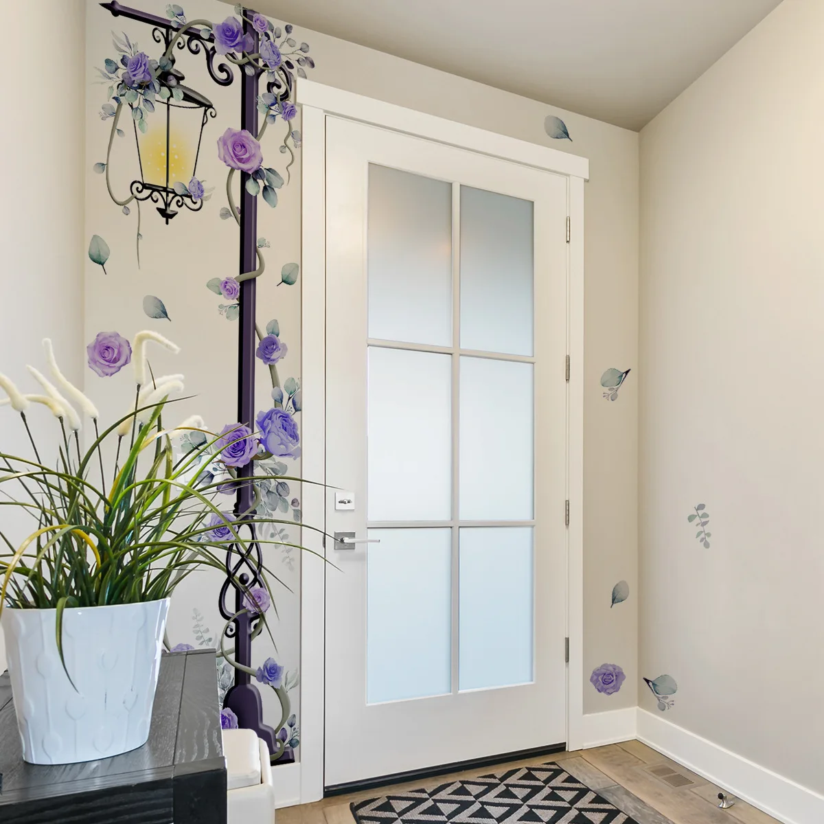 Large Violet Rose Wall Sticker Self-Adhesive Floral Decal for Living Room Bedroom Background Wall (30x90cm, 4-Pieces in 1)