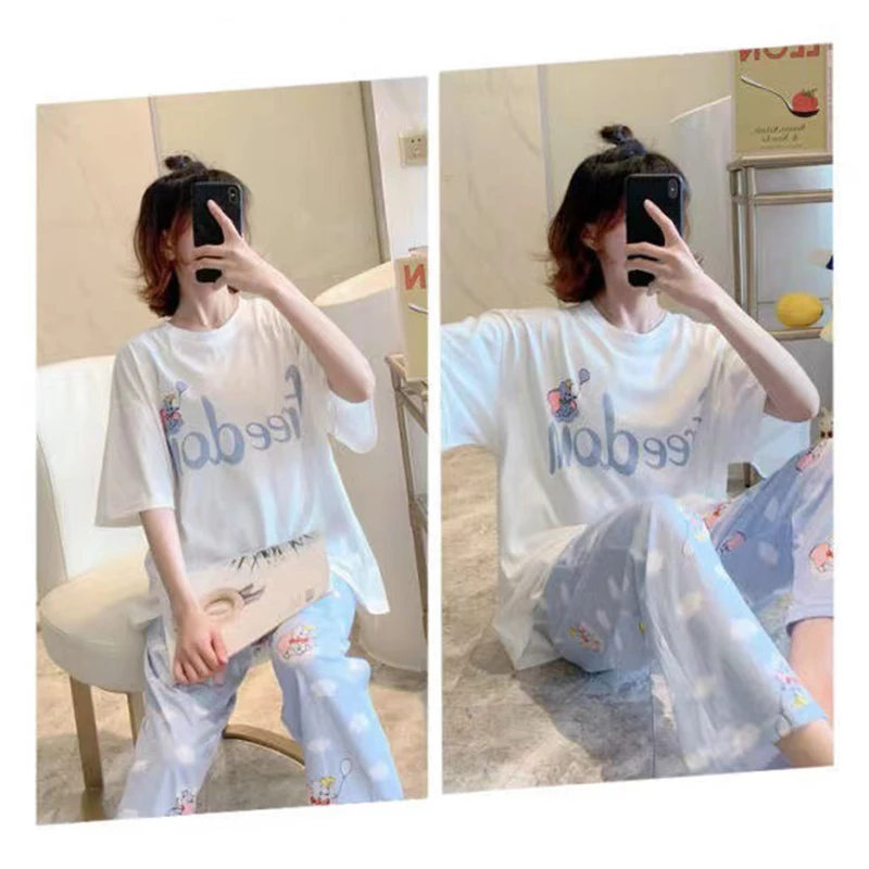 Disney Cartoon Mickey Winnie Snow White Pajamas Ladies Summer Short Sleeves Cute Pants Thin Girls Loose Homewear Pajamas Set 2