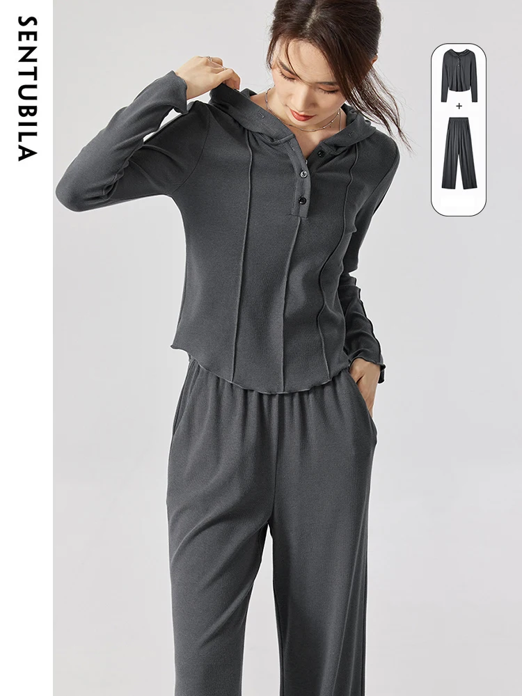 SENTUBILA Autumn Casual Sports Pant Sets for Women 2 Pieces 2023 New Tracksuit Pleated Hoodie Top Wide Leg Trousers 131Z47201 new two piece set autumn men top pants pleated solid color stand collar single breasted shirt trousers streetwear tracksuit men