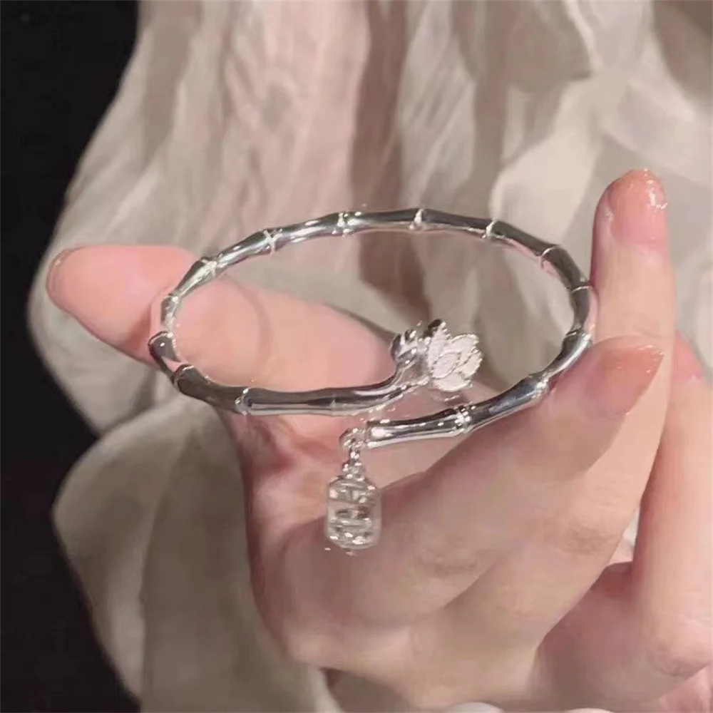 Bamboo Bracelet For Women Silver Color Fashion Lotus Flower Make A Wish Women Jewelry Birthday Present Gift