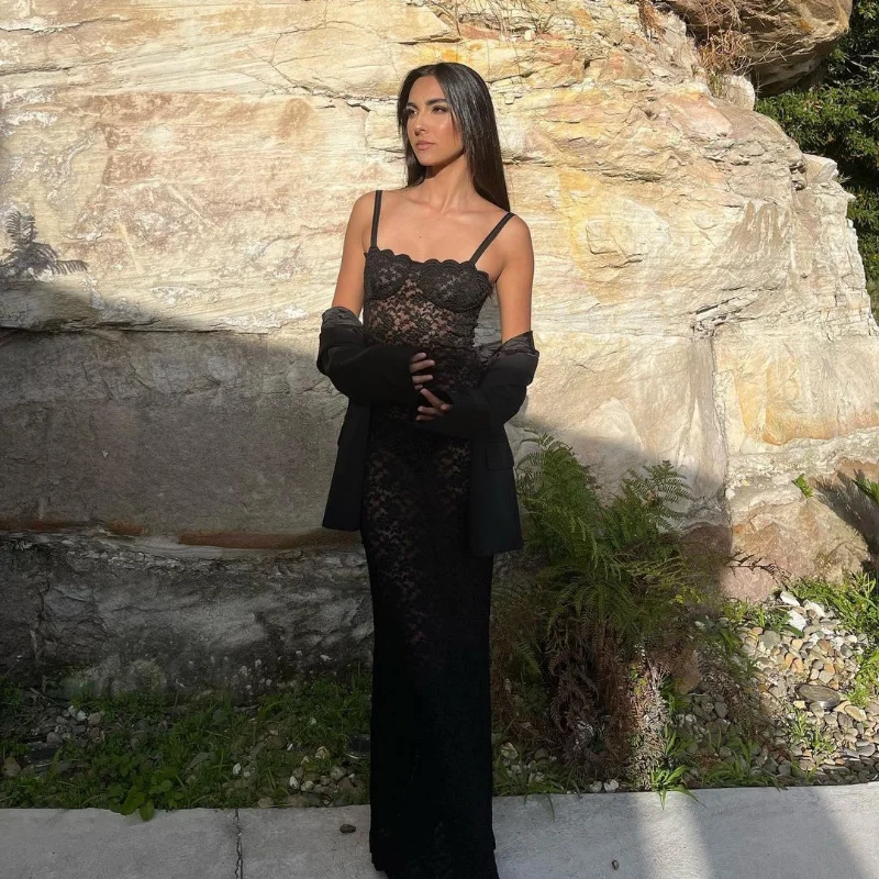 Lace Black Dress Female Slim Hollow Out Spaghetti Backless Dress Elegant Party Evening Gown Split Women Maxi Dress Summer