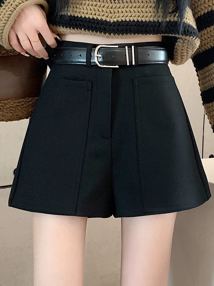 QOERLIN Elegant Suit Shorts Women High Waist Wide Leg Shorts with Pocket Woolen Zipper Korean Fashion Shorts Female Black Grey