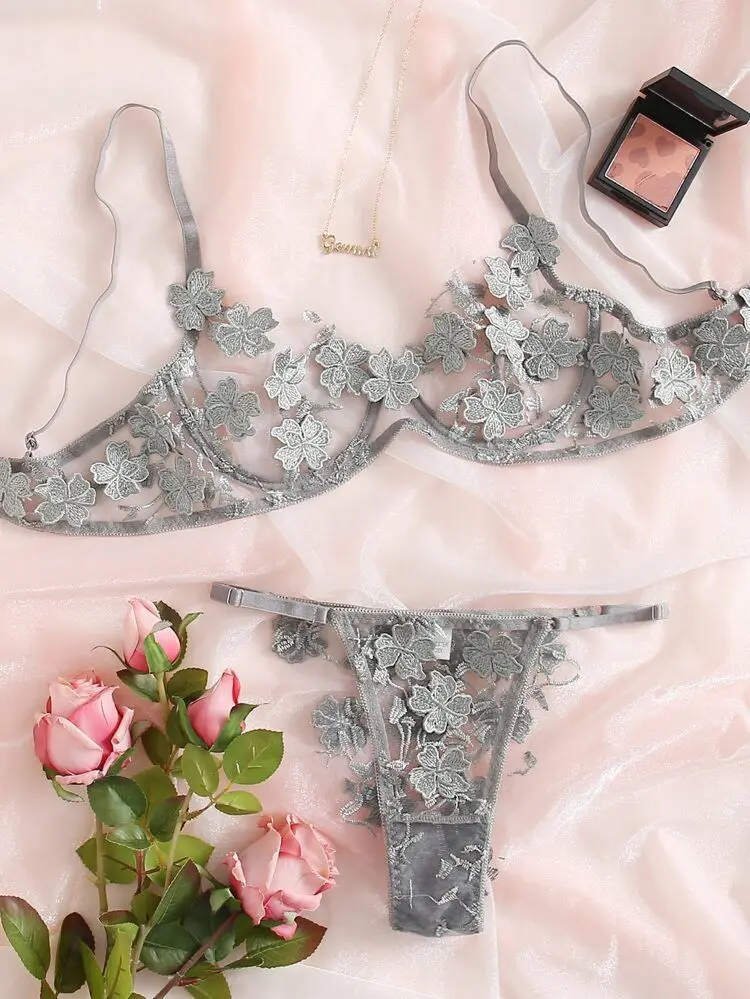 underwear sets sale Sexy push up lingerie embroidery women underwear 2pcs floral mesh ultra thin lingerie set lace see through nightwear lengerielingerie set,  sexy bralette set, underwear set, crop tops,  push up outsidewear intimate red bra set