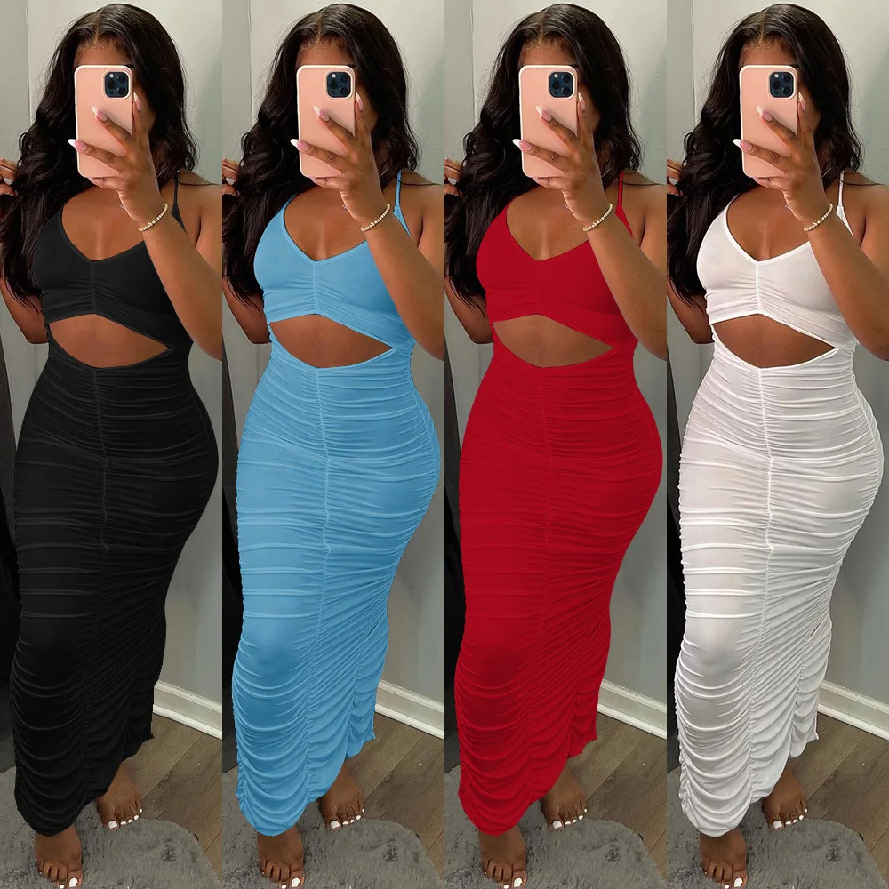 

Dress Women Sexy Long Dresses Sheath Slim Fit Solid V Neck Sling Sleeveless Pleated Backless Hip Wrap Splice Vestidos Summer