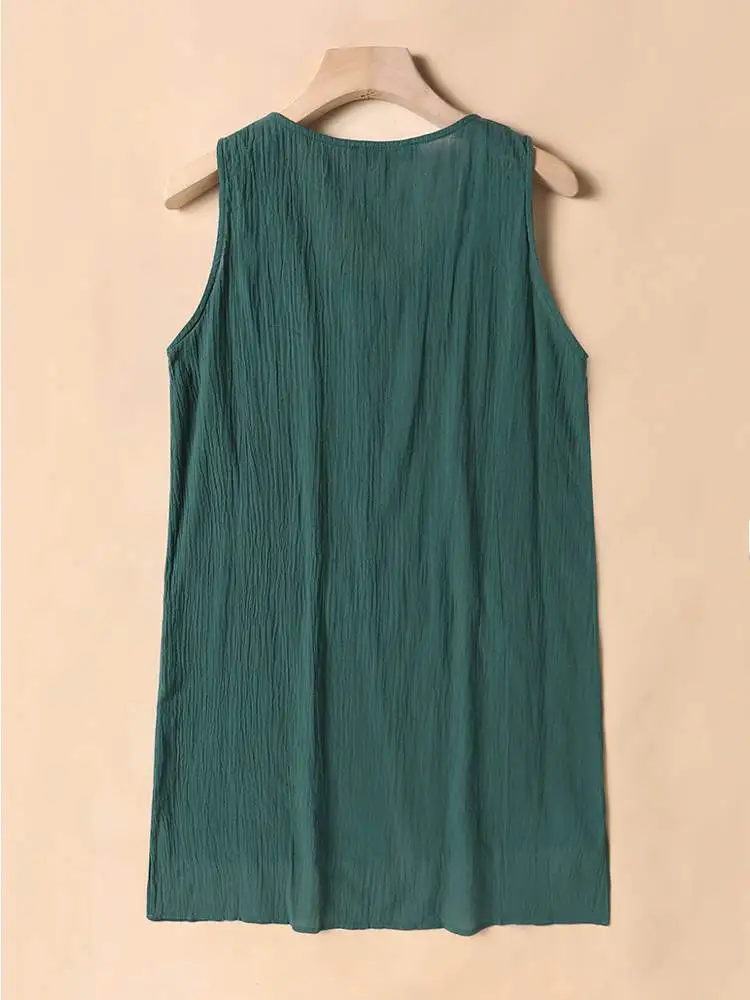 Vintage Solid Tanks Tops Loose Beach Blusas Cotton Camis Tunic ZANZEA Women Sleeveless Blouse Summer Split Shirt Casual Chemise 5