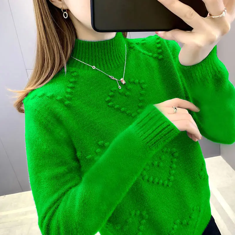 

2023 Pure Wool Sweater Women's O-Neck Pullover Long Sleeve Knitted Comfortable Versatile New Half High Collar Sweat D47