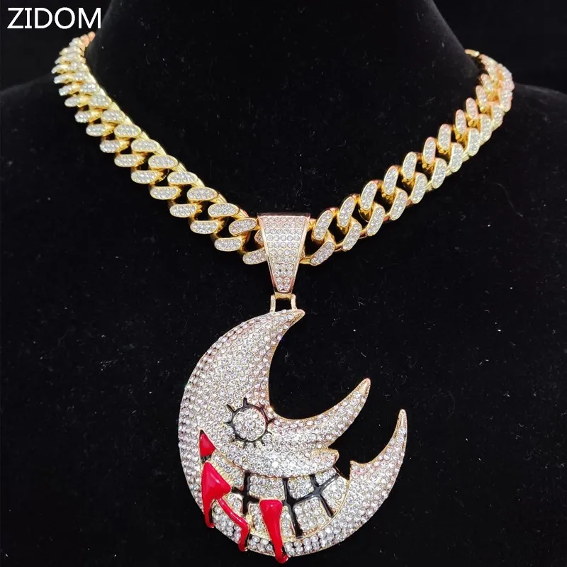 Men Women Hip Hop Moon Pendant Necklace With 13mm Crystal Cuban Chain HipHop Iced Out Bling Necklaces Fashion Charm Jewelry |