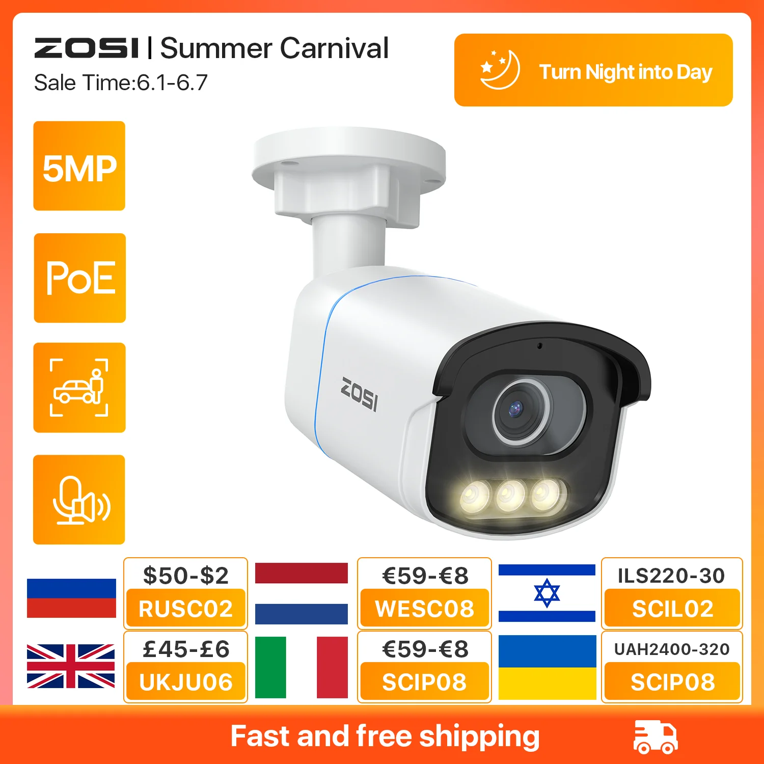 ZOSI C186 3K AuroraLux telecamera PoE di sorveglianza 5MP HD telecamera IP di sicurezza per visione notturna a colori reali con rilevamento del veicolo della persona