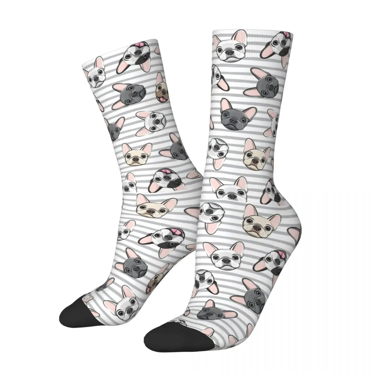 

Funny Grey Stripes Cute French Bulldogs Basketball Socks Dog Polyester Crew Socks for Unisex Breathable