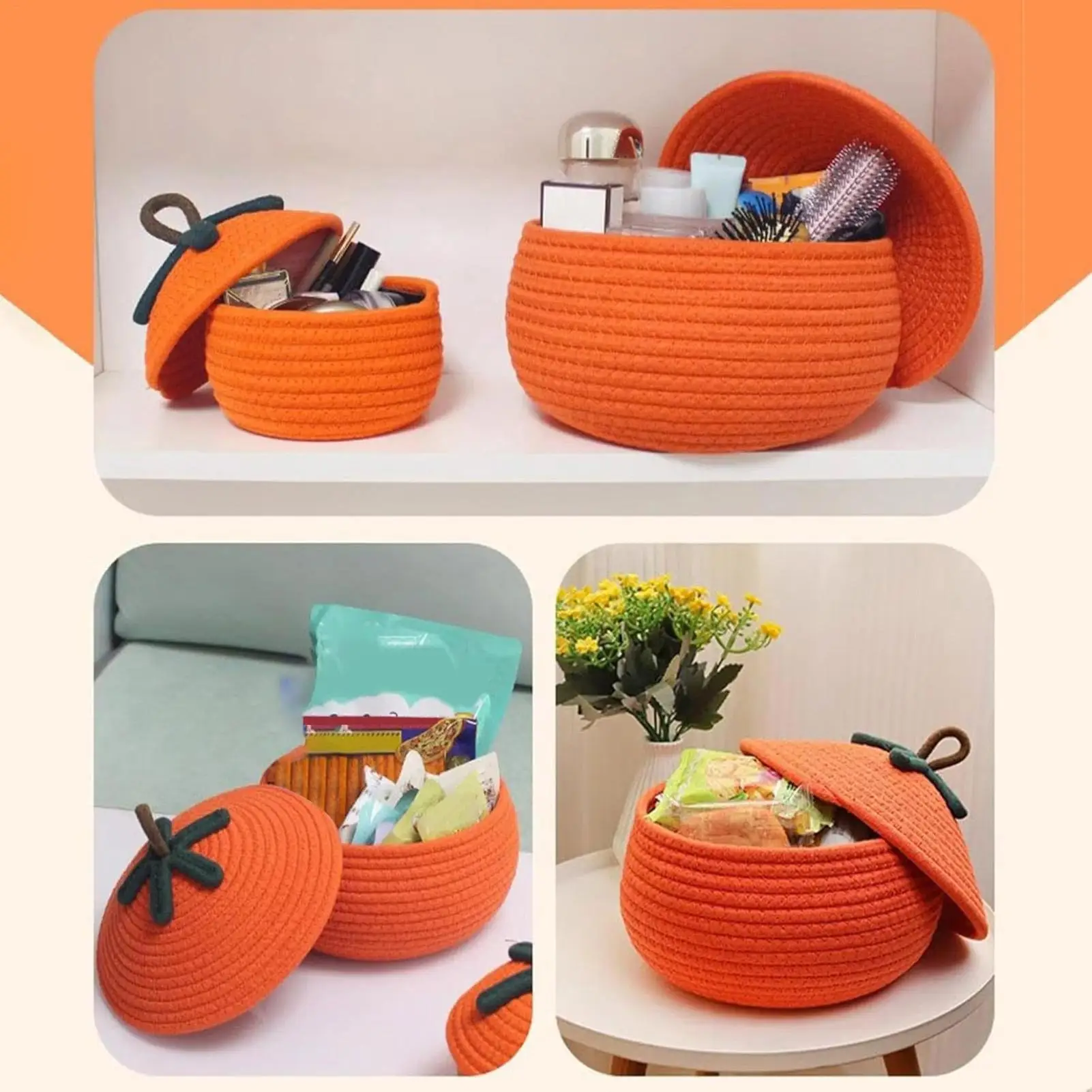Halloween Woven Pumpkin Basket With Lid Halloween Decorative Candy Gift Basket Multi-Function Fruit Candy Snacks Toys Basket