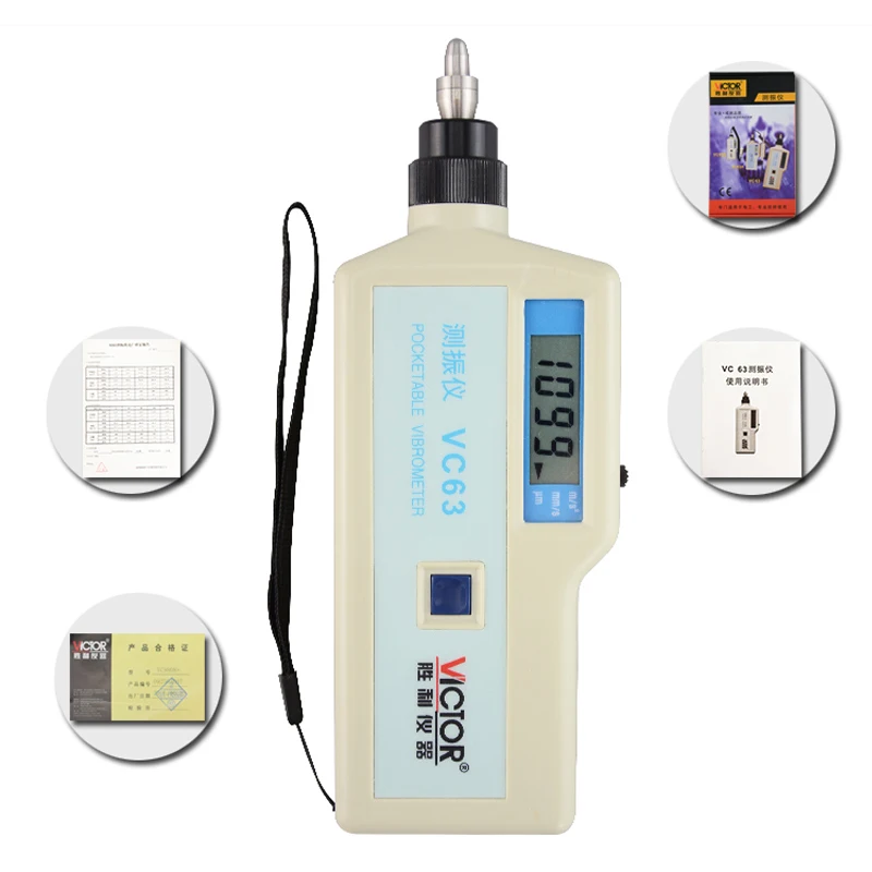 Measuring Vibration Acceleration Speed and Displacement of Rotating Machine VC63A Digital Pocketable Vibrometer