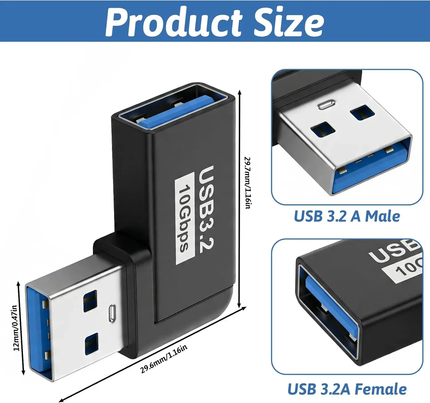 High-Speed 90-Degree Right Angle USB 3.2 Adapter - Male to Female Extension Connector