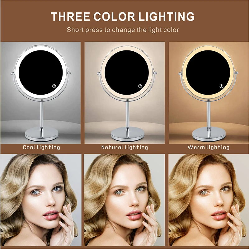 8inch 10X Magnifying LED Makeup Mirror with 3 Color Light Touch Switch Double Side USB Charging Desktop Vanity Cosmetic Mirror 3