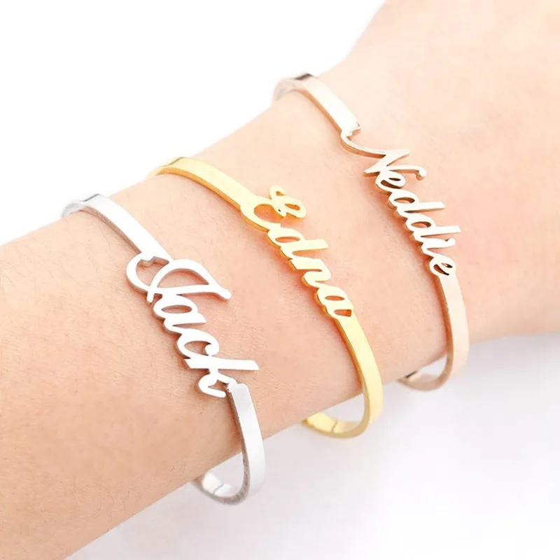 Stainless Steel Bracelet With Custom Name For Women Initial Letters Silver Gold Personalized Bangle Luxury Jewelry Gift For Mom