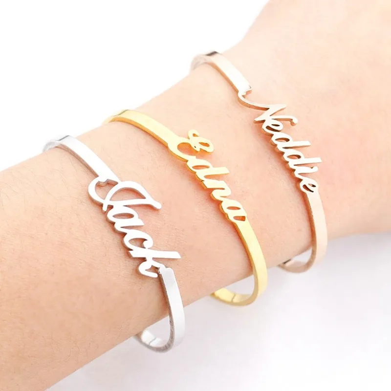 Pulsera de acero inoxidable con nombre personalizado para mujer, brazalete personalizado con letras iniciales, plata y oro, joyería de lujo, regalo para mamá