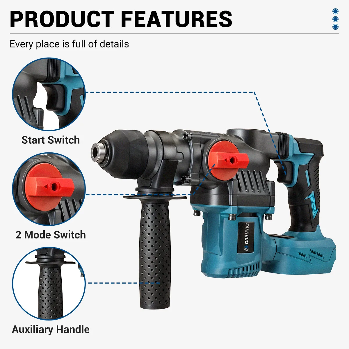 Drillpro 26MM Brushless Electric Hammer Drill Multifunctional Rotary Cordless Rechargeable Power Tools For  18V Battery 5