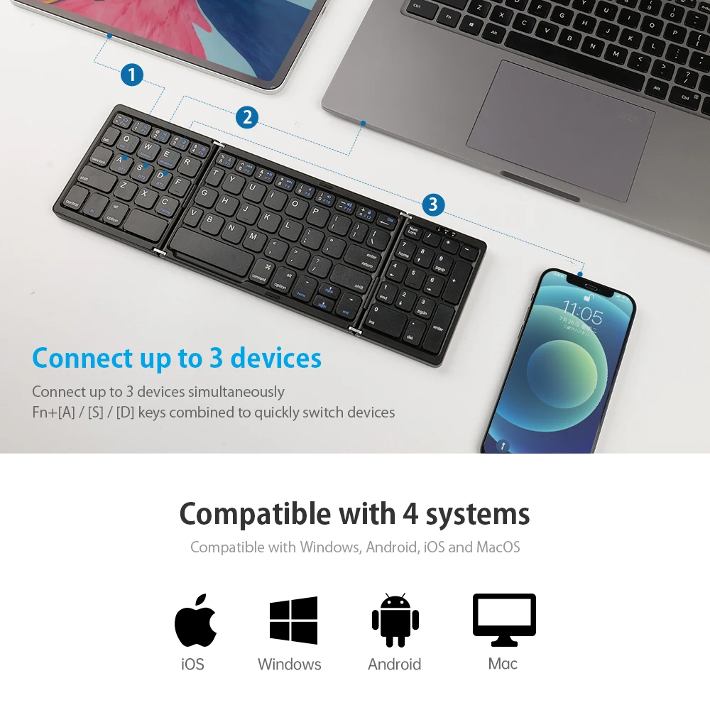 Foldable BT Keyboard Ultra Slim Pocket Folding Keyboard For Android Windows iOS Tablet Laptop Phone