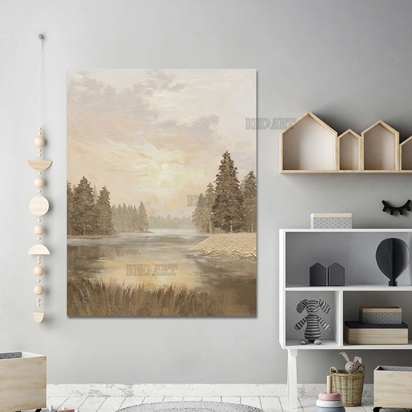 

Sunrise Forest River Scenery Canvas Poster Home Decor Abstract Hand-painted Landscape Oil Painting Wall Art Large Showpieces