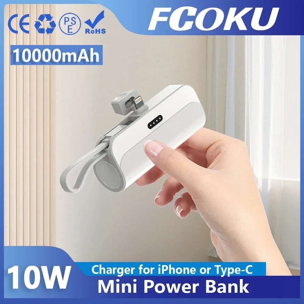 

Mini Power Bank 2 In1 Built in Cable 10000mAh PowerBank Plug Play External Battery Portable Charger For IPhone Samsung Xiaomi
