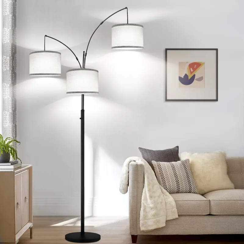 Dimmable Floor Lamp, 3 Lights Arc Floor Lamps for Living Room, Modern Tall Standing Tree Lamp with Gray Linen Shade