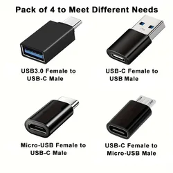 Universal USB to USB - C Adapter Set - 4 - Piece OTG Connector Kit (Black)