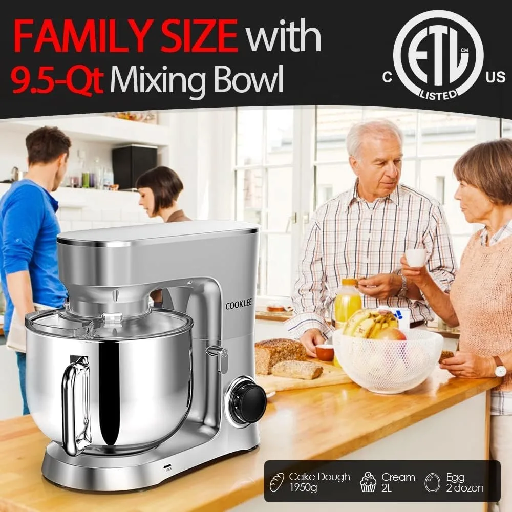 Stand Mixer, 9.5 Qt. 660W 10-Speed Electric Kitchen Mixer with Dishwasher-Safe Dough Hooks, Flat Beaters, Wire Whip 5