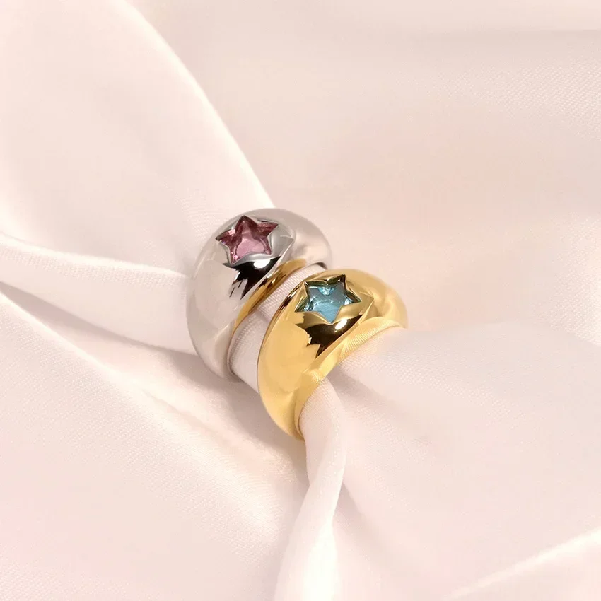 Blue Pink Crystal Glossy Dome PVD Stainless Steel Rings for Women Cute Star Inlaid Zircon Chunky Ring Unique Jewelry Accessories