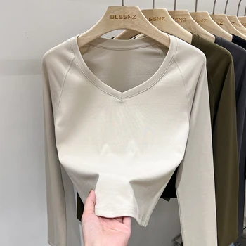 AOSSVIAO 2025 الأساسية الخامس الرقبة سليم تي شيرت مجسم المرأة الصلبة تنوعا الاتجاه كم طويل تيز الخريف الشتاء بسيط قاعدة طبقة القمم 3