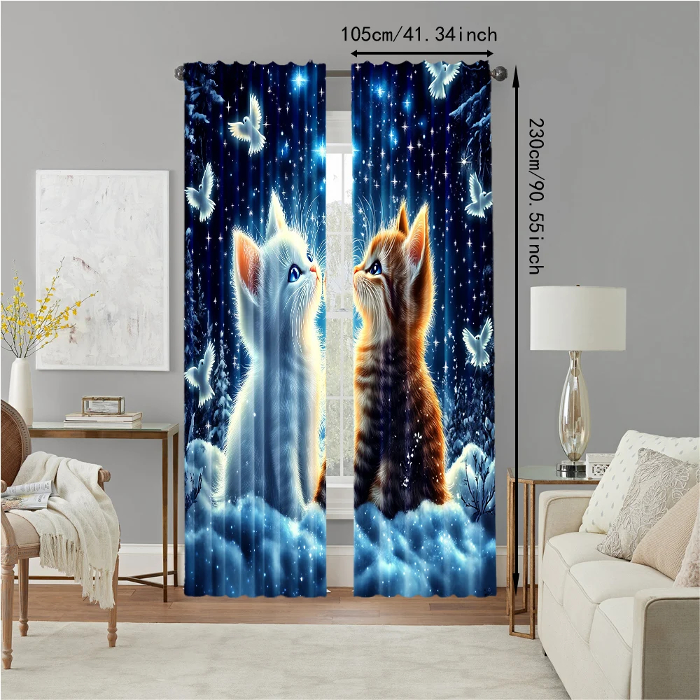 2Pcs Adorable Cat And Star Print Polyester Window Curtains Rod Pocket Design For Easy Hanging Home Decor Perfect For Bedroom 4