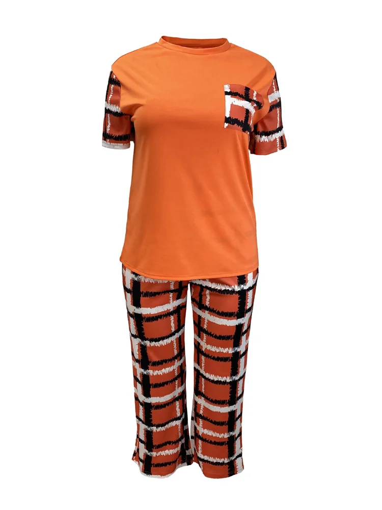 Wmstar Plus Size Two Piece Sets Women Clothing Solid Tops and Pants Plaid Wide Leg Pockets Wholesale Dropshopping New in Summer