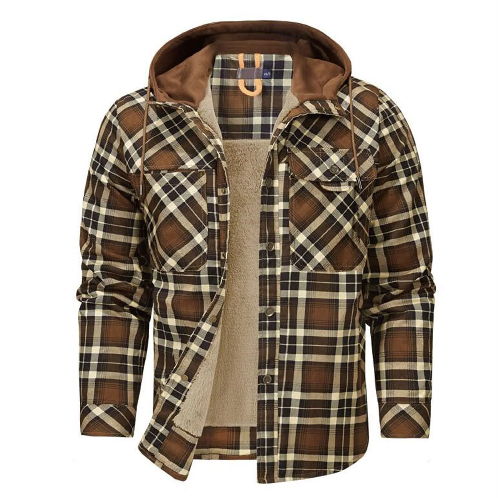 Cotton Flannel Shirt Jacket With Hood Mens Long Sleeve Quilted Lined Plaid  Coat Button Down Thick Hoodie Outwear Male Clothing