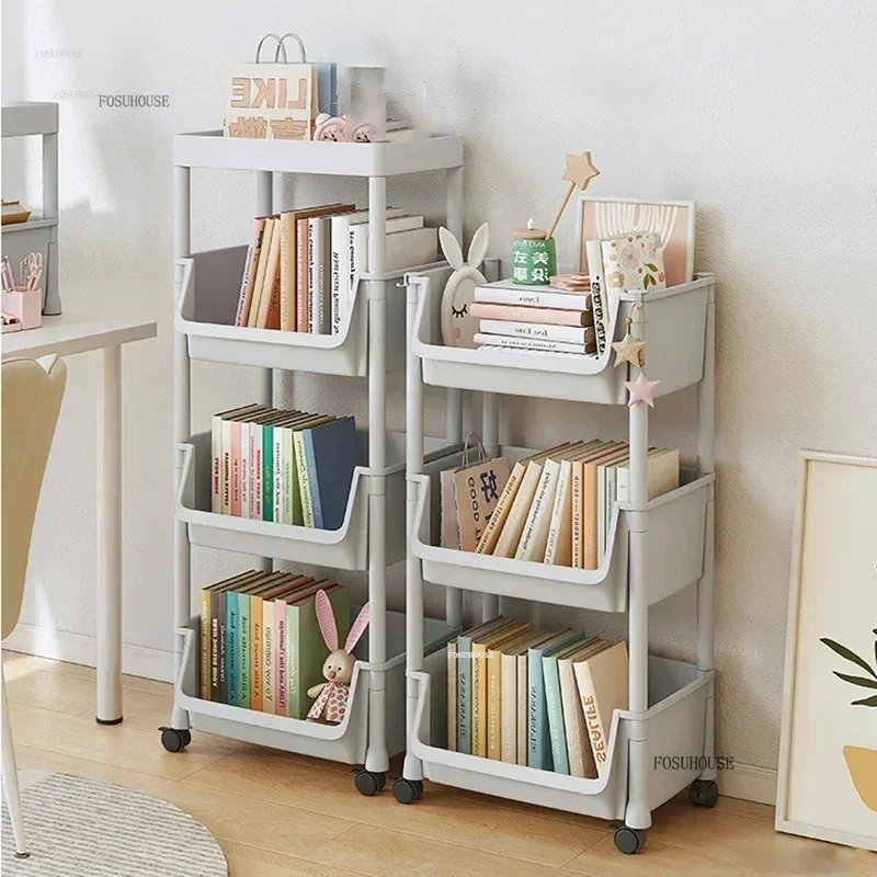Home Children's Bookcases Rack with Wheels Removable Toy Storage Bookcase Reading Shelves Cart Floor Simple Small Bookshelves