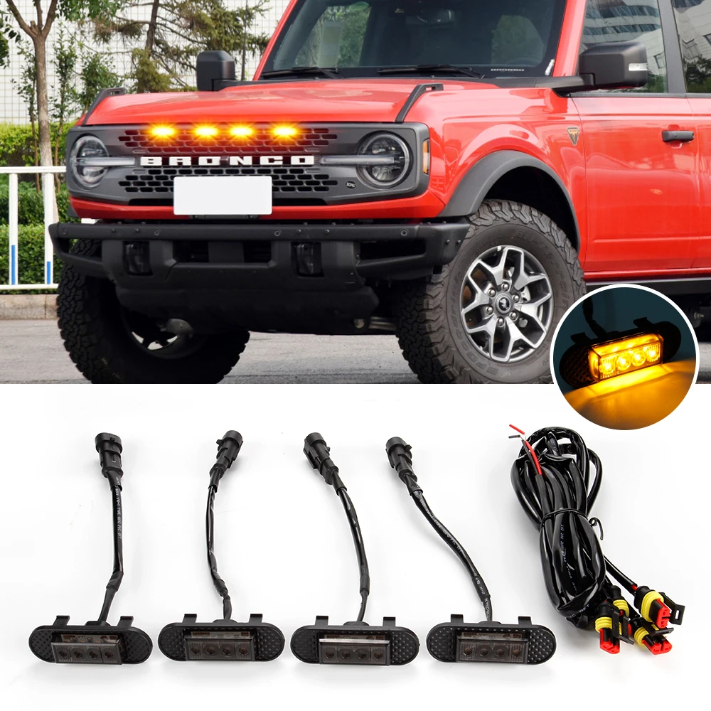 

MIHAZ 4pcs Ford Bronco 2021 2022 Car Front Grille Light Yellow Eagle Eye Lamp Drl for Car Raptor Style Driving Light Accessories