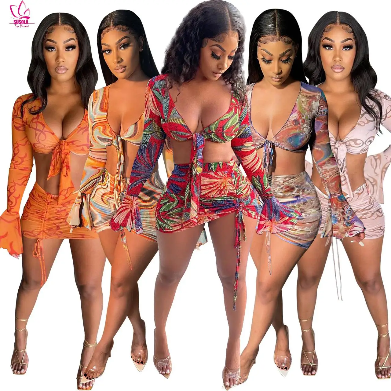 

SUSOLA Women Set Print Mesh Guaz Full Flare Sleeve Bandage Crop Tops Shirring Mini Skirts 2 Piece Sets Sexy Beachwear Summer