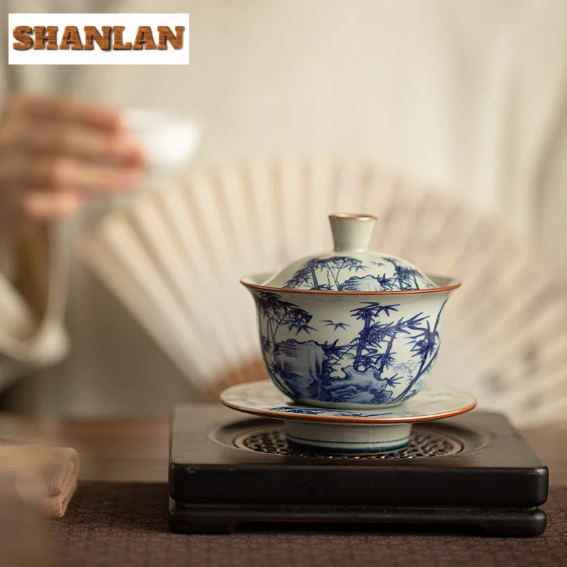 160ml Rretro Old Pottery Clay Gaiwan Vintage Blue And White Landscape Poetry Tea Tureen Tea Making Cover Bowl Ceremony Gift