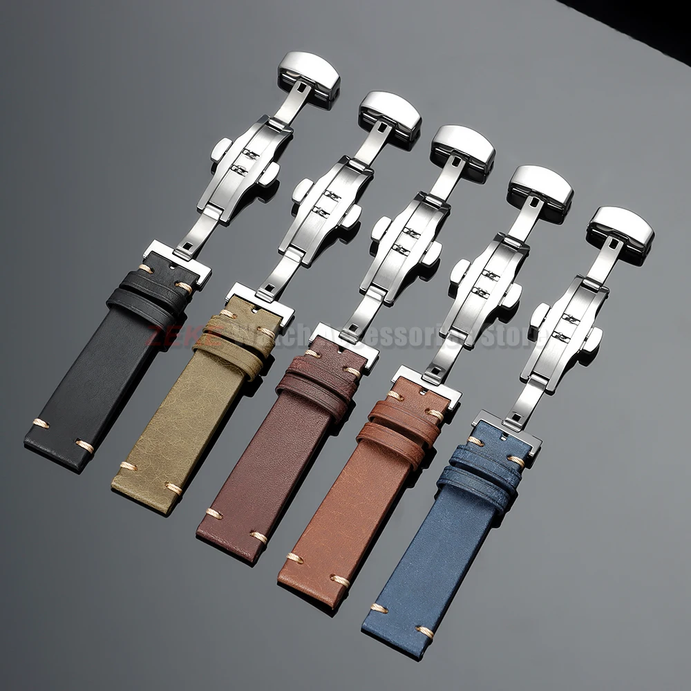 Echtes Lederarmband mit Holzbox, Uhrenarmband mit Schmetterlingsverschluss, 20mm 22mm Erste Schicht Rindsleder Armband Zubehör – Detail 5