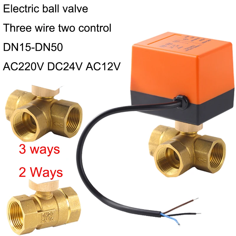 thumbnail image 1 of Válvula de bola eléctrica de latón de 2 vías, 3 vías, DN15/20/25/32/40/50 CA 220 V, válvula solenoide de tres cables, dos controles y actuador, 1 of 4