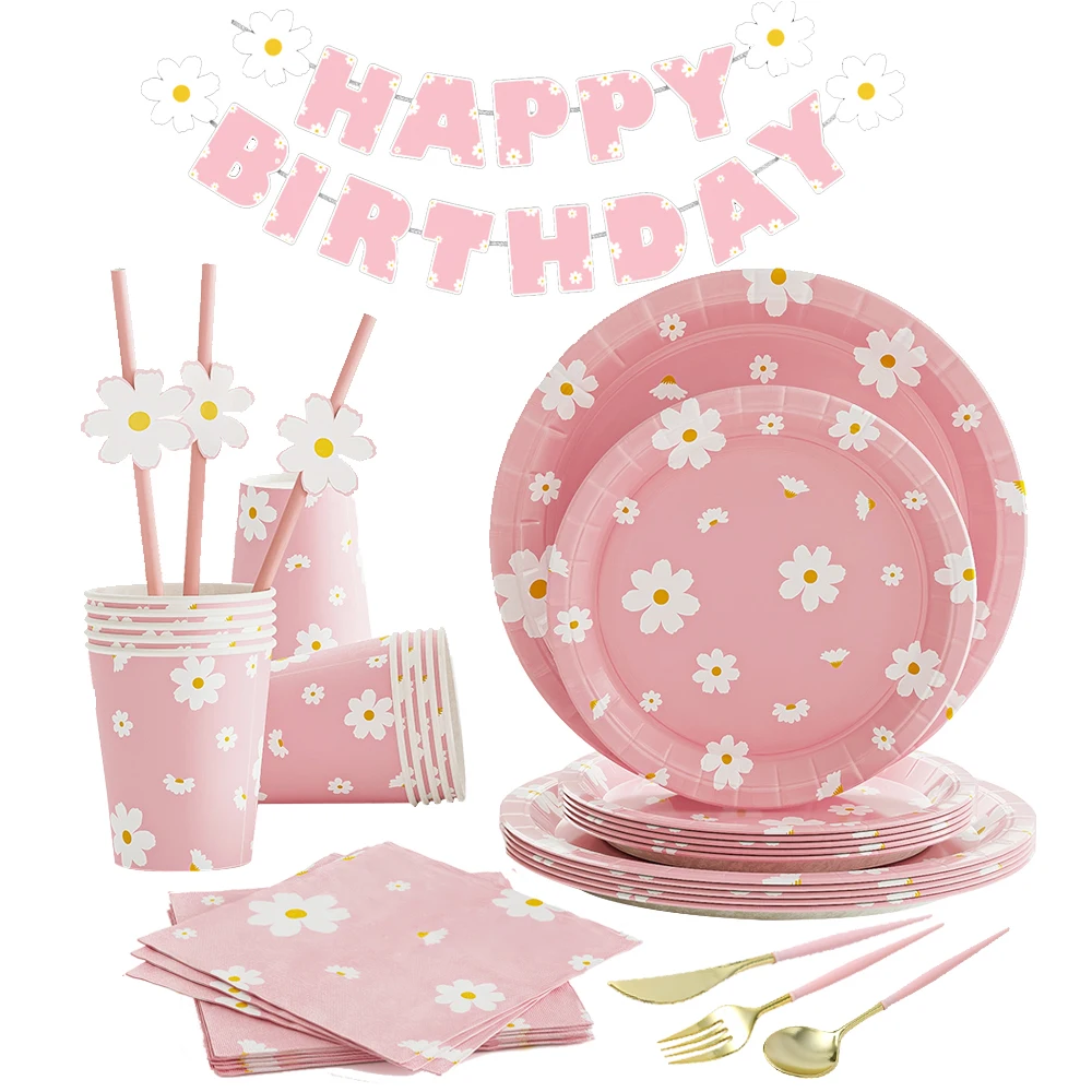 Decorazione Per Feste Di Compleanno A Tema Margherita Stoviglie Usa E Getta Rosa Piatto Di Carta Margherita Tovagliolo Banner Cappello Di Compleanno M