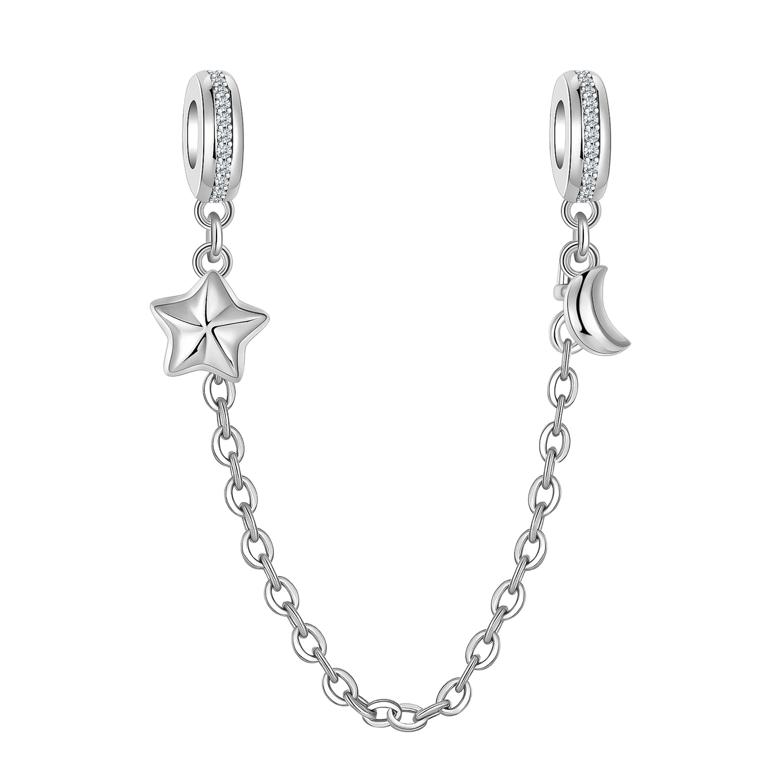 

925 Sterling Silver Star Moon Safety Chain Extension Chain pendant Beads Fit Pandora Original Bracelet DIY Jewelry making gift