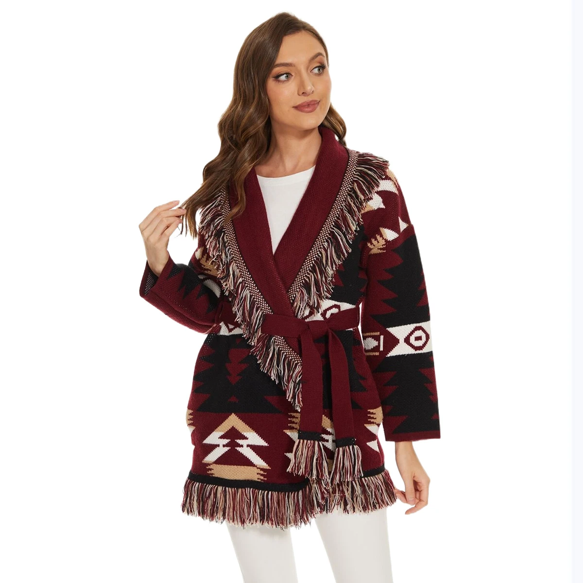 

Jastie Autumn And Winter Women's New Jacquard Sweater Cardigan Burgundy Contrast Ethnic Style Loose Casual Knitted Jacket Coat